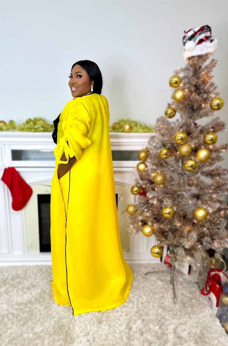 Yellow kimono with black bow sequin and white wide leg pants Look 17