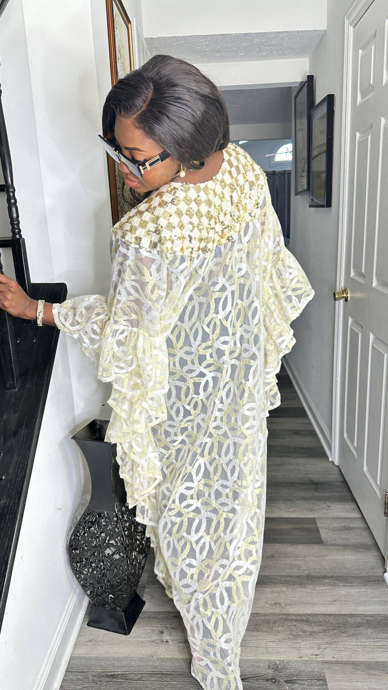 Yoga White and Gold Frill Boubou