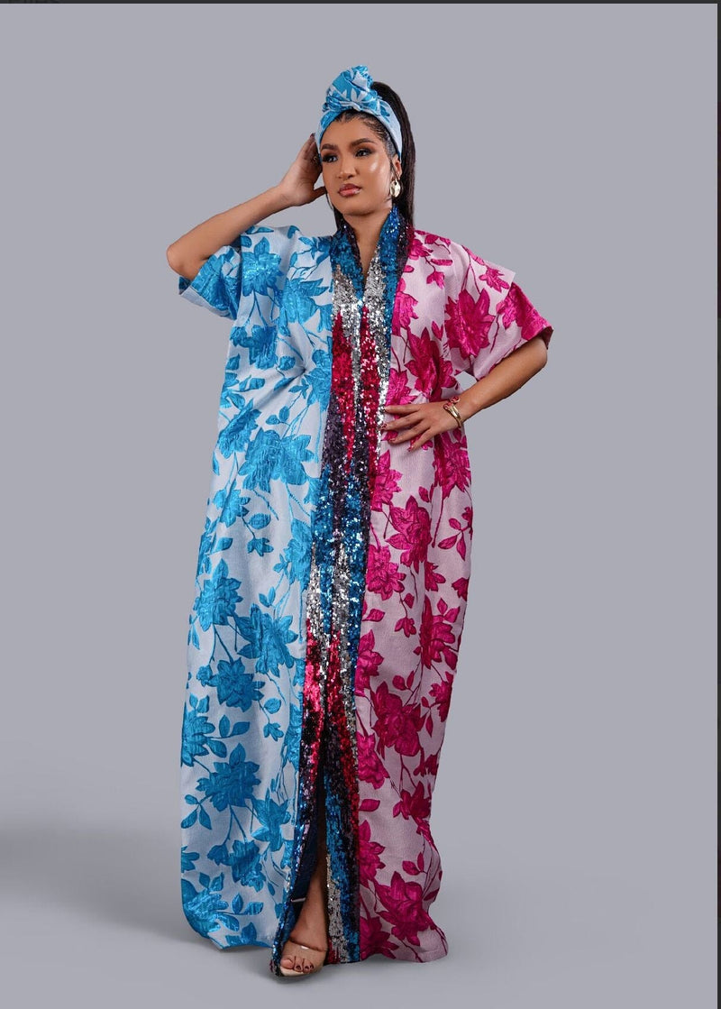 Zenzele Pink and Blue Floral Brocade Kimono Boubou.