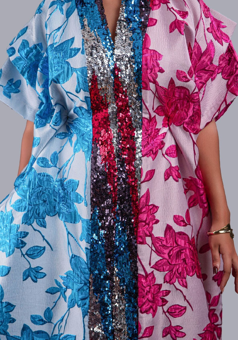 Zenzele Pink and Blue Floral Brocade Kimono Boubou.