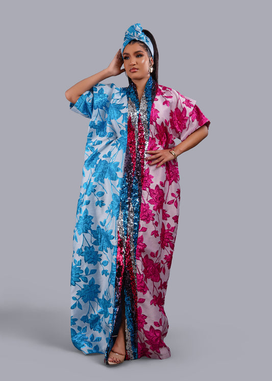 Zenzele Pink and Blue Floral Brocade Kimono Boubou.