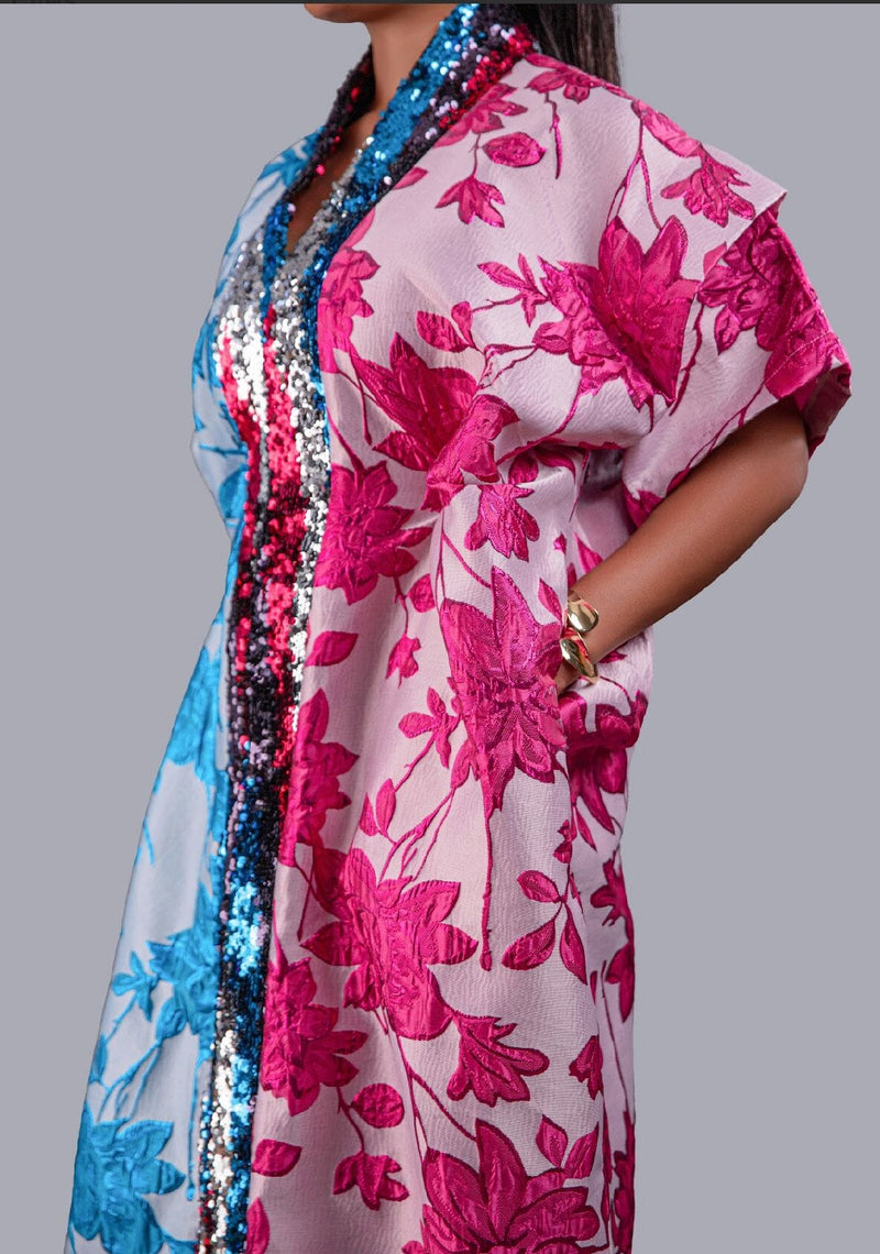 Zenzele Pink and Blue Floral Brocade Kimono Boubou.