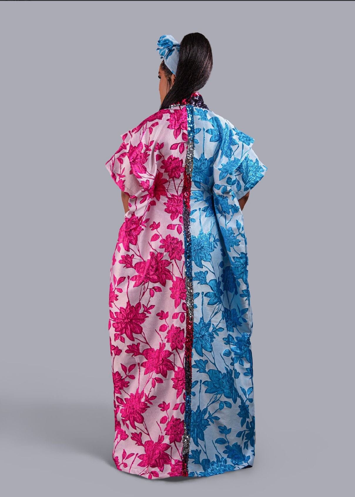 Zenzele Pink and Blue Floral Brocade Kimono Boubou.