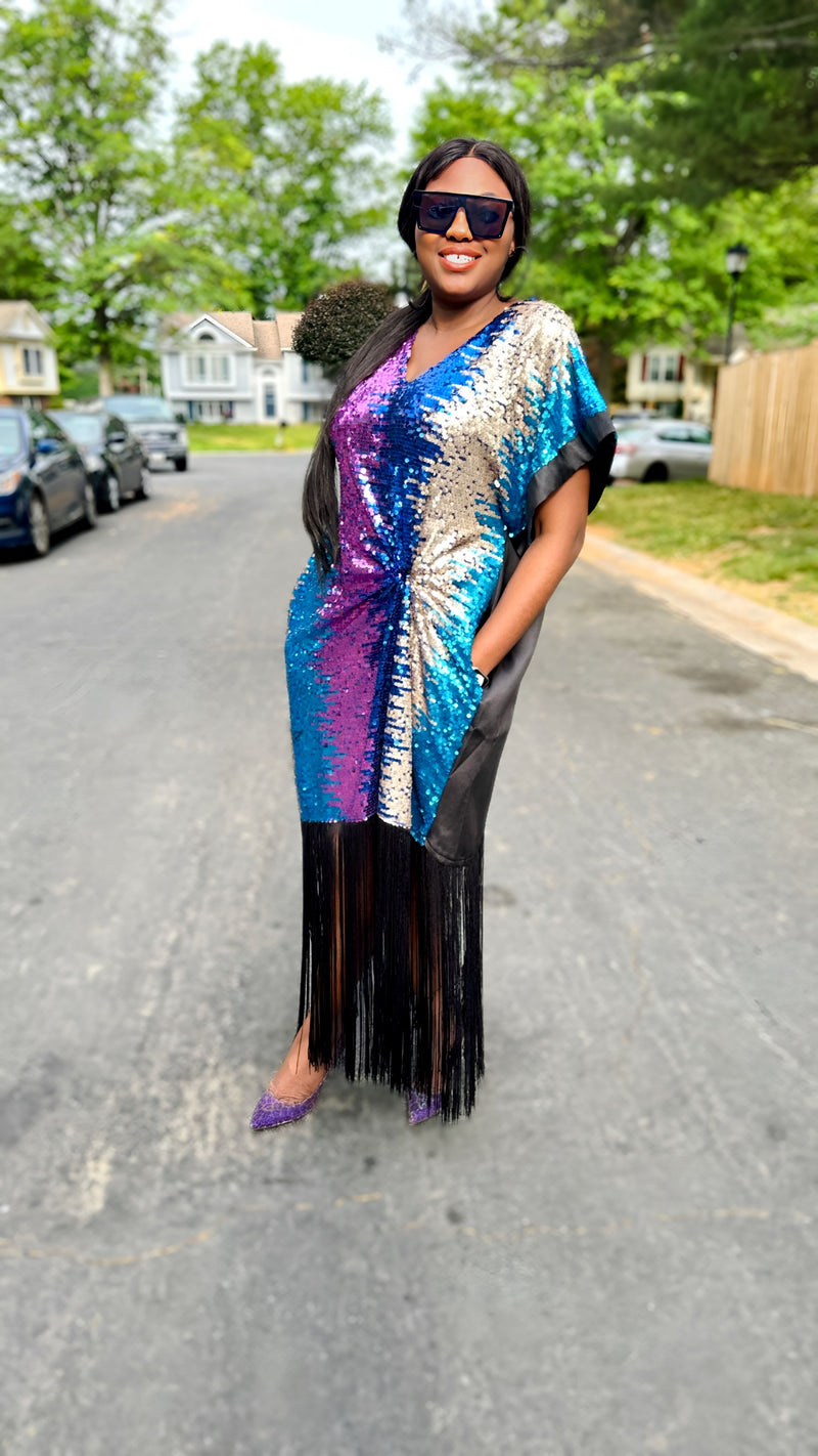 Bibire swagger Real Rich Aunty blue colored Sequin Fringe Boubou Dress!