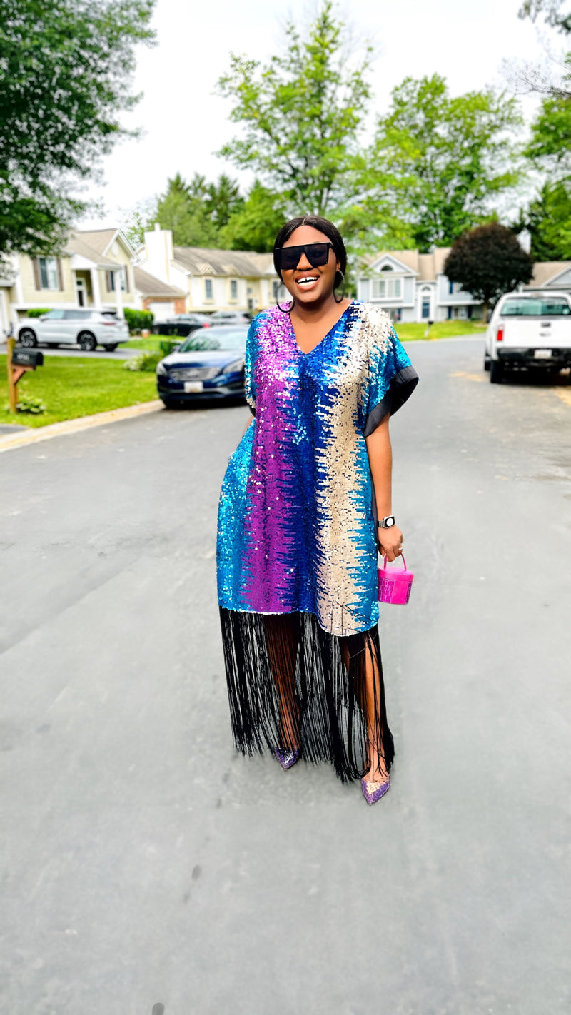 Bibire swagger Real Rich Aunty blue colored Sequin Fringe Boubou Dress!