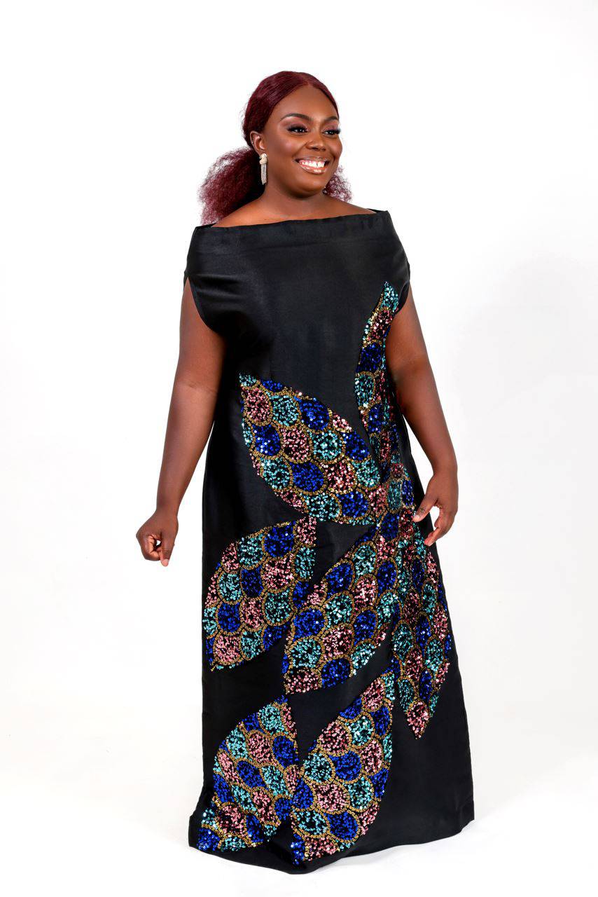 Black Goddess Maxi African kaftan boubou mikado silk dress with multicolored sequin Uk 20/ US 16 Black Goddess Maxi African kaftan boubou mikado silk dress with multicolored sequin Uk 20/ US 16