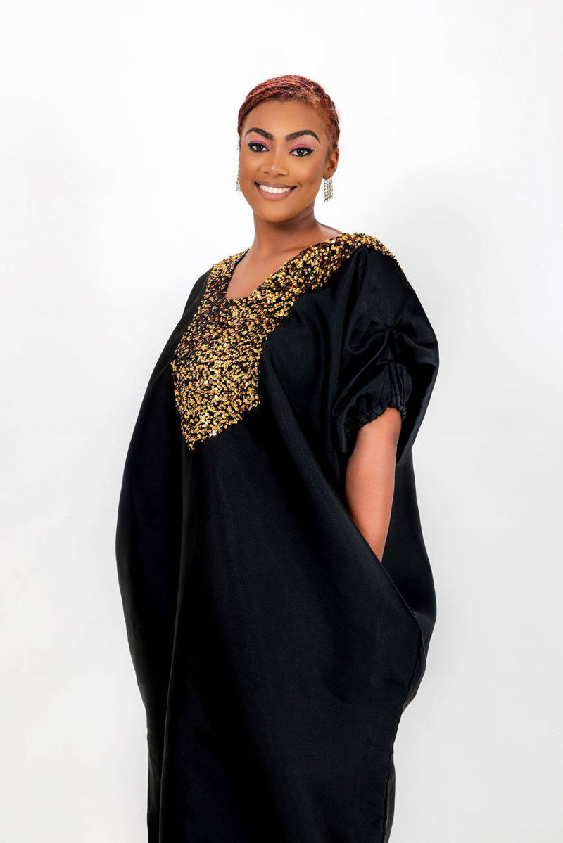 Buga Boubou Dress (Black))- African maxi dress with Silk fabric