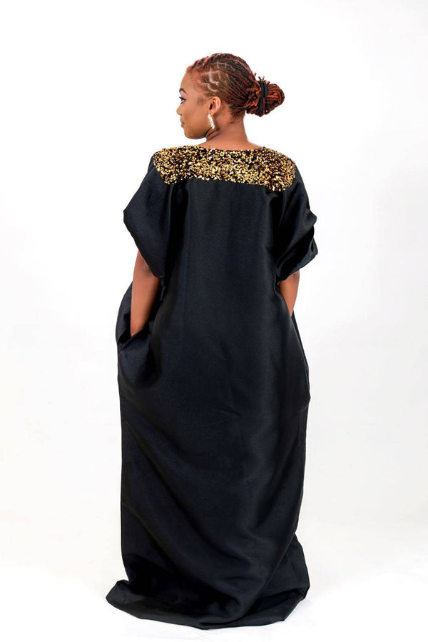 Buga Boubou Dress (Black))- African maxi dress with Silk fabric