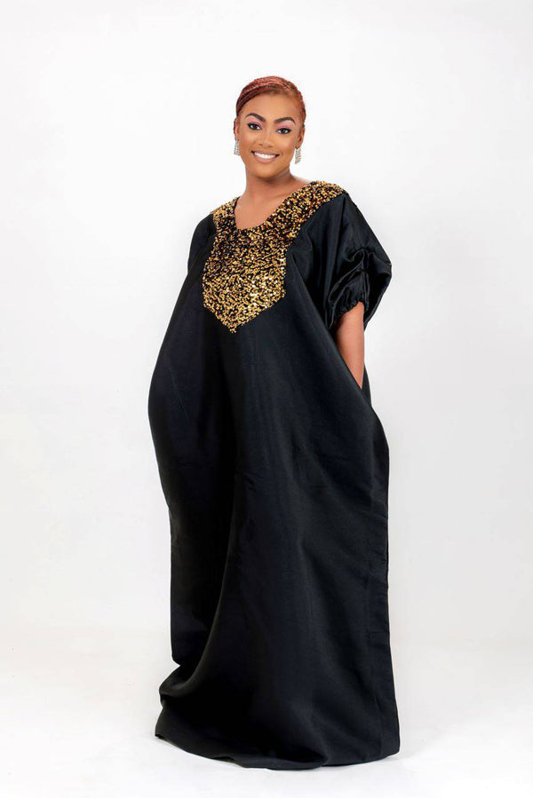 Buga Boubou Dress (Black))- African maxi dress with Silk fabric