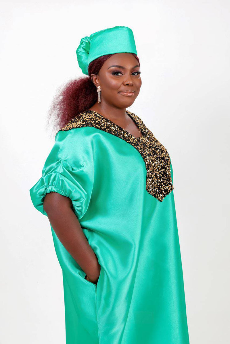 Buga Boubou dress (Green)- African kaftan with Silk fabric