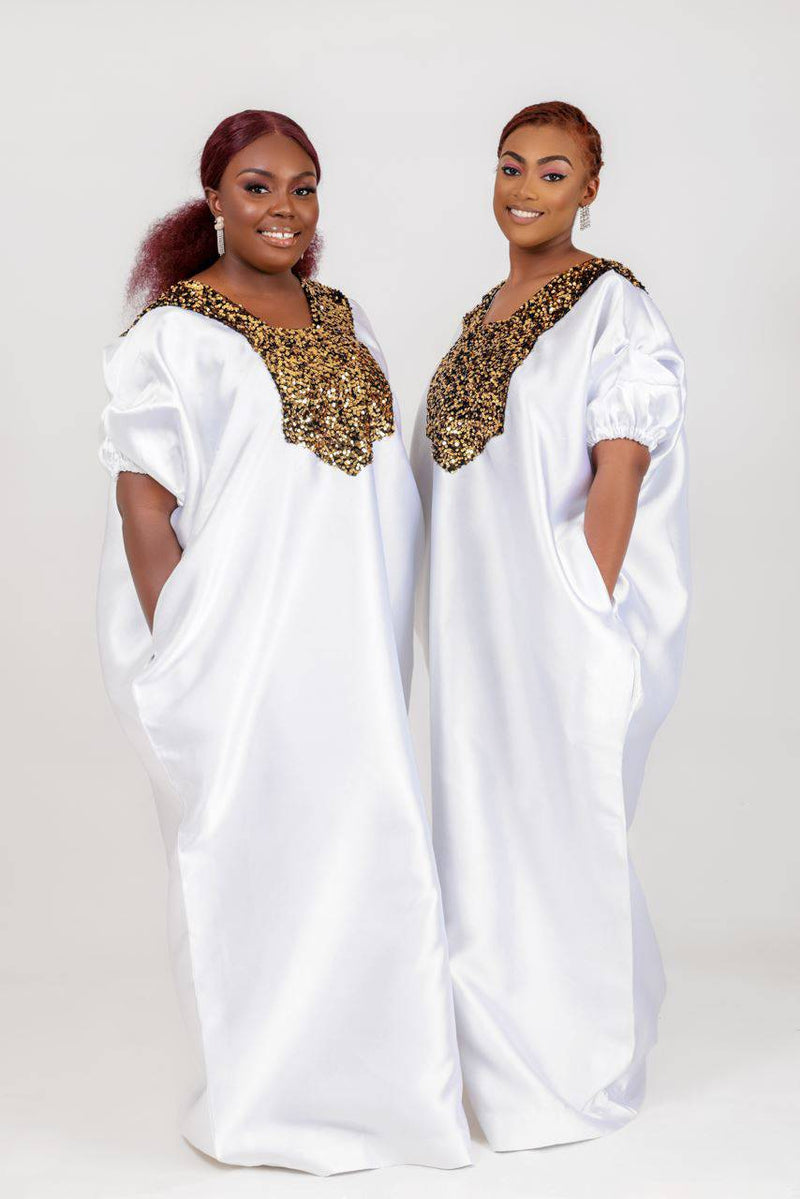 Buga Boubou dress (white)- African kaftan dress with Silk fabric