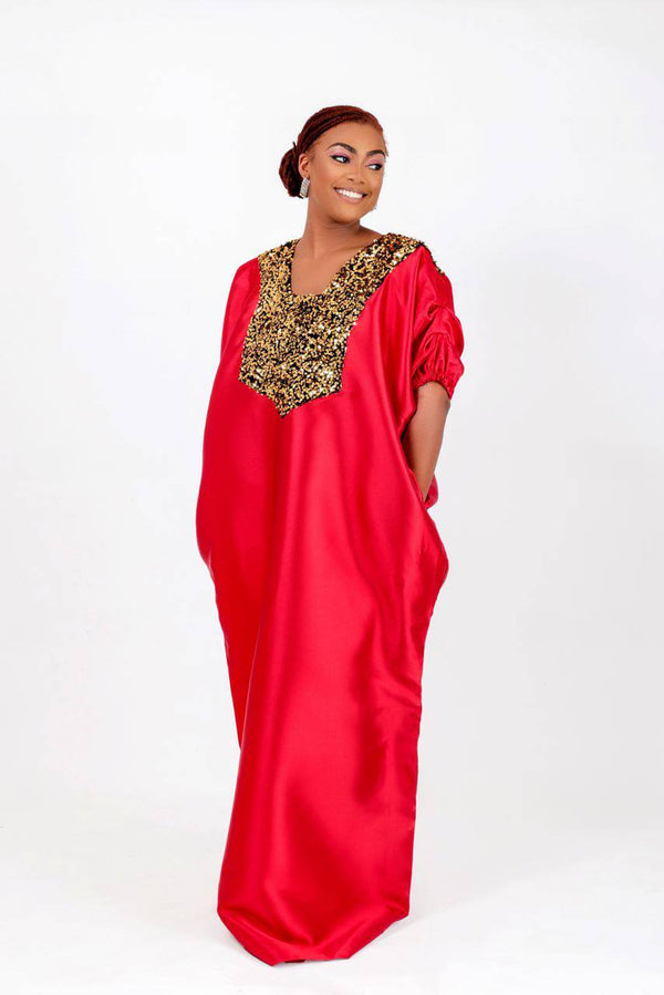 Buga Boubou (Red)- African maxi dress with Silk fabric