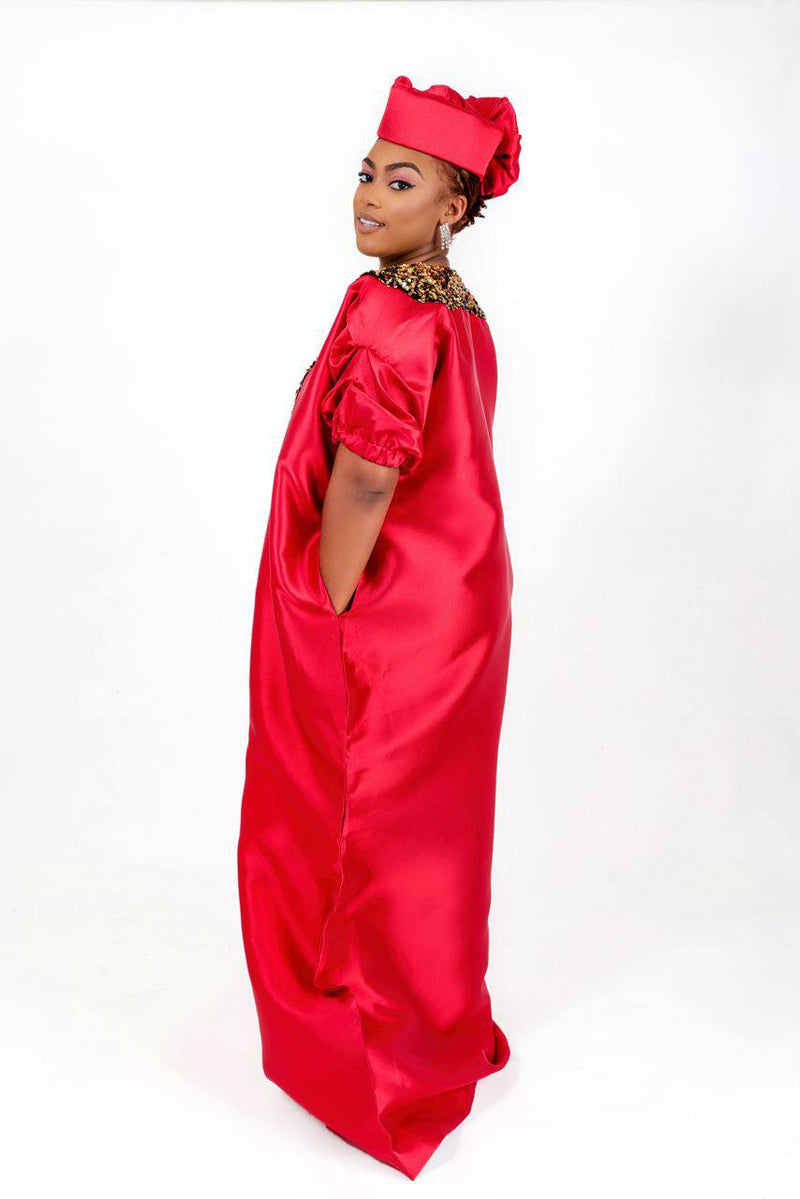 Buga Boubou (Red)- African maxi dress with Silk fabric