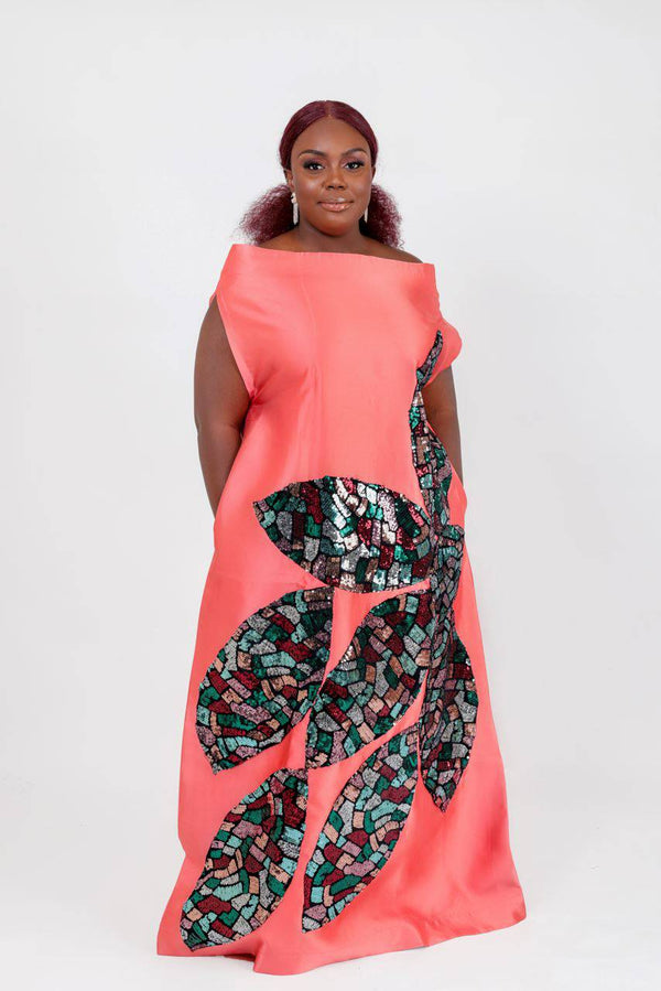 Coral Goddess Boubou Dress - silk kaftan dress with sequin