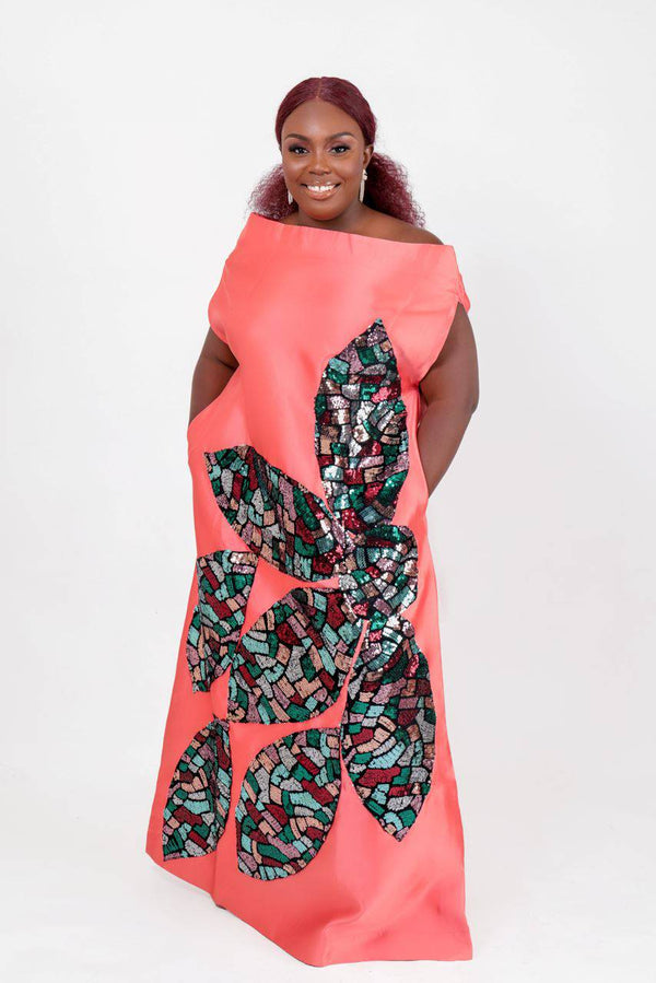 Coral Goddess Boubou Dress - silk kaftan dress with sequin