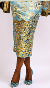 Damask and sequin three quarter pencil dress with long flare gold sleeves Look 15