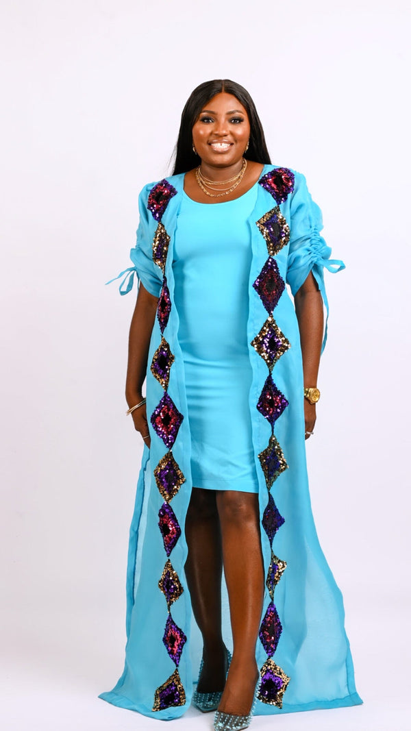 Kimono Boubou dress with slits and multicolored cut out sequin Look 4