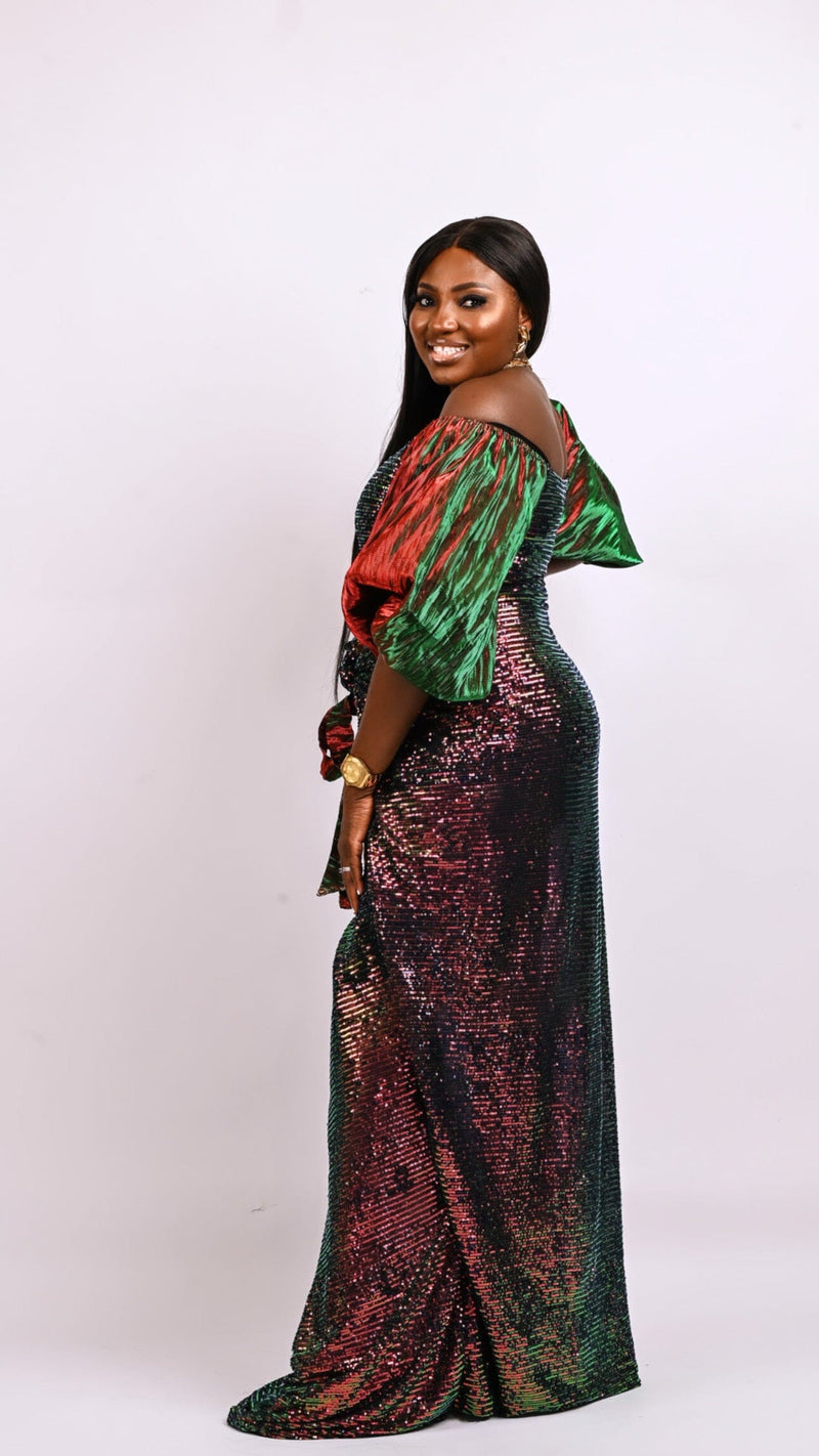 Off shoulder multicolored sequin long dress. Boubou Look 11