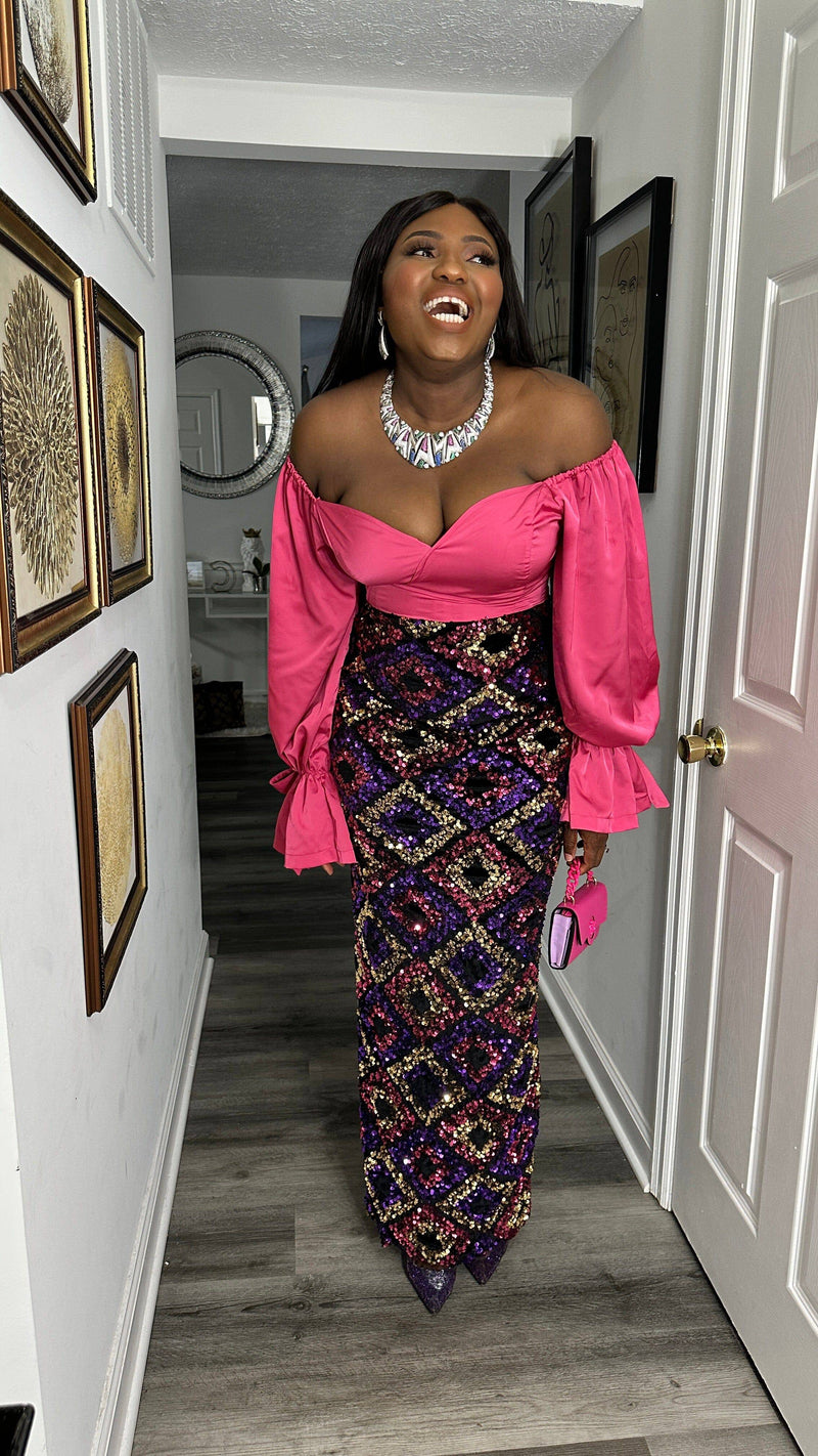 Off shoulder fitted hot sale gown