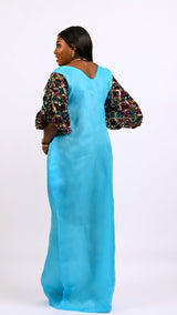 Teal Blue Boubou with multicolored sequin bow Look 6