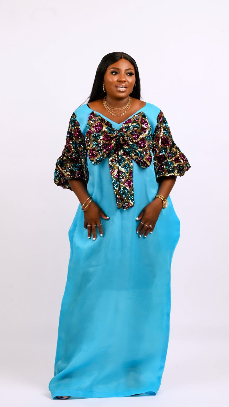 Teal Blue Boubou with multicolored sequin bow Look 6