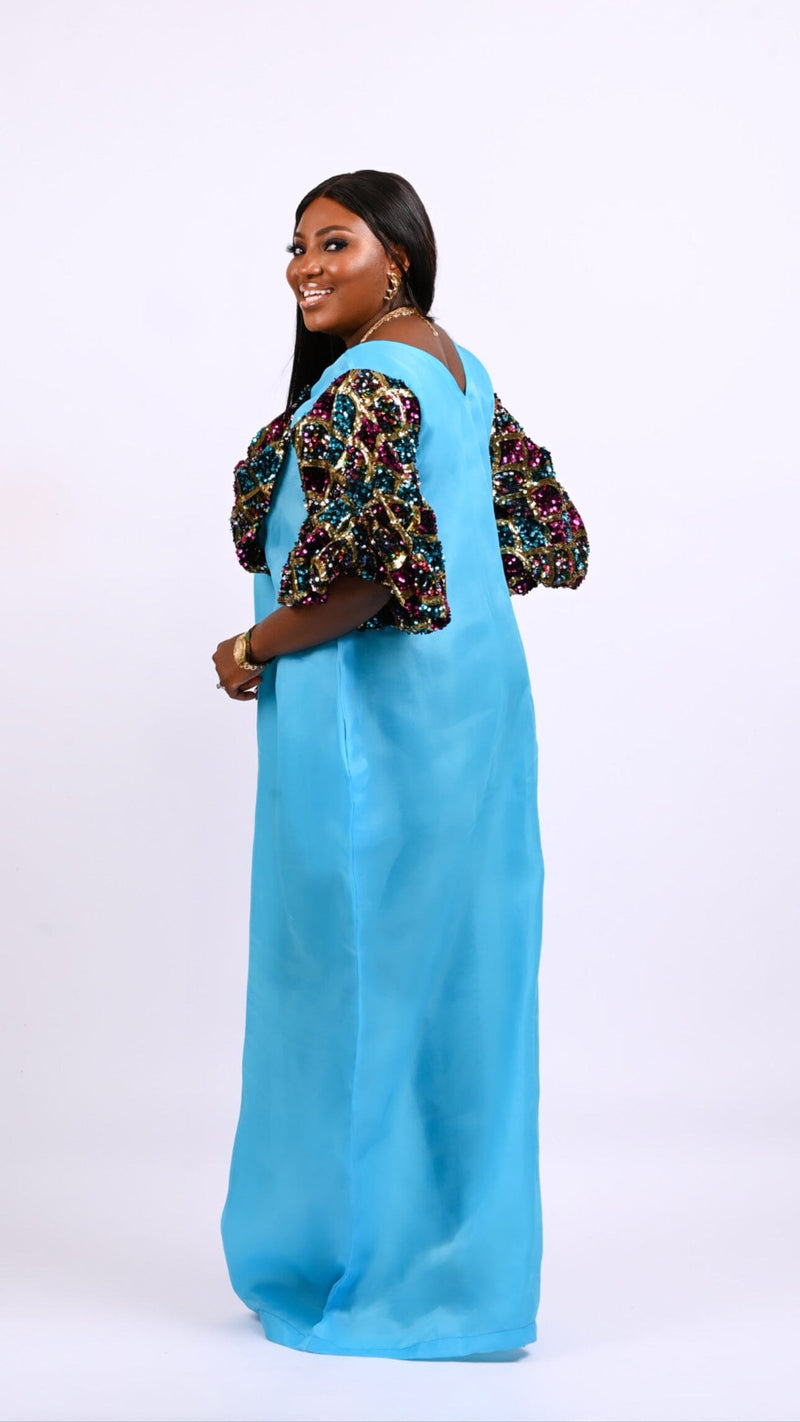 Teal Blue Boubou with multicolored sequin bow Look 6