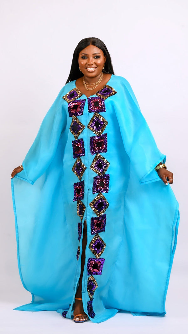 Teal Boubou Kaftan long dress. Look 5