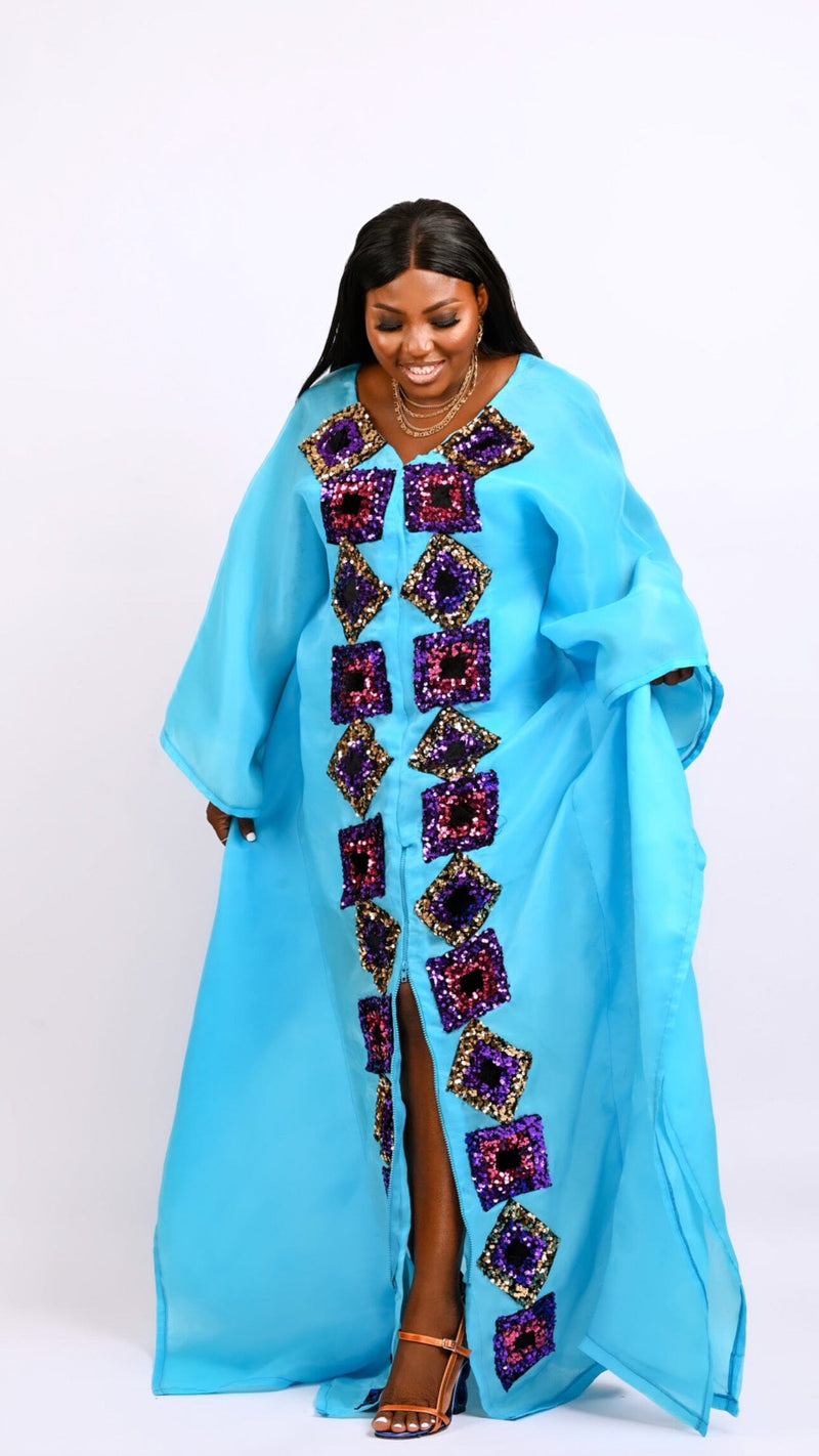 Teal Boubou Kaftan long dress. Look 5