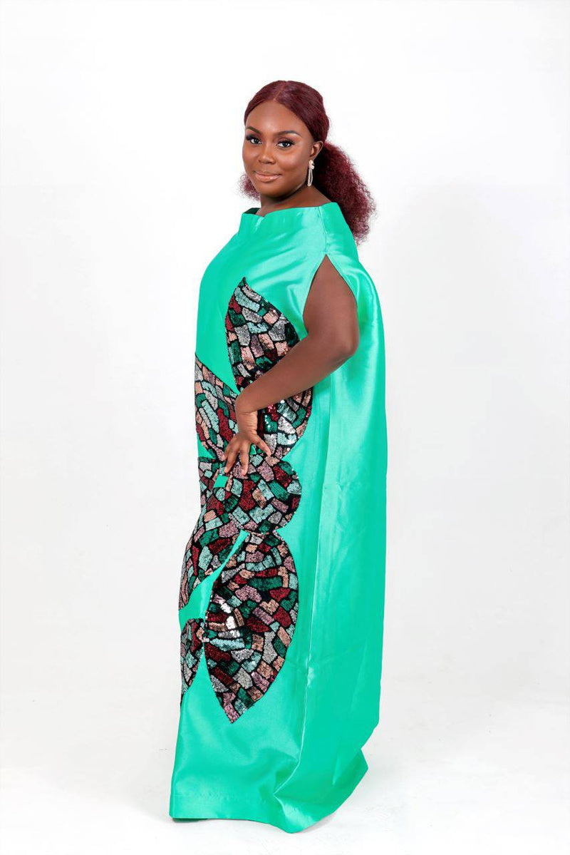 Teal Goddess Boubou Dress - African silk dress with sequin