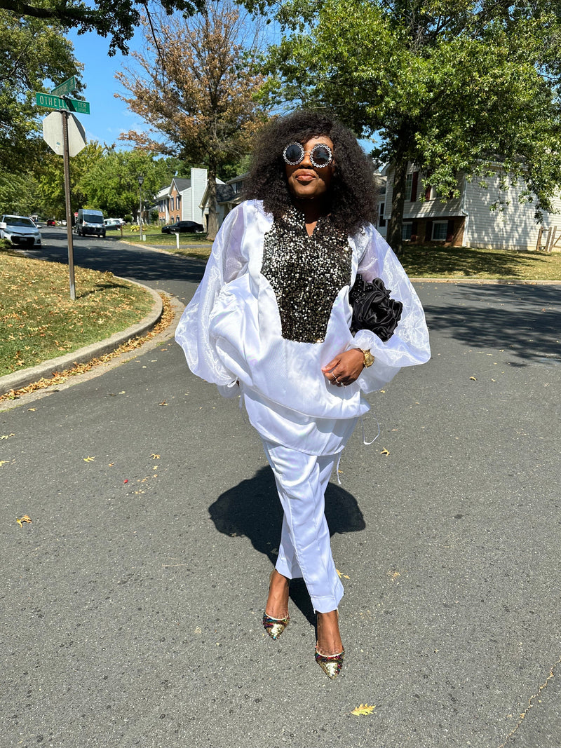 White Boss Set straight Pant and Tunic Top with gold sequin