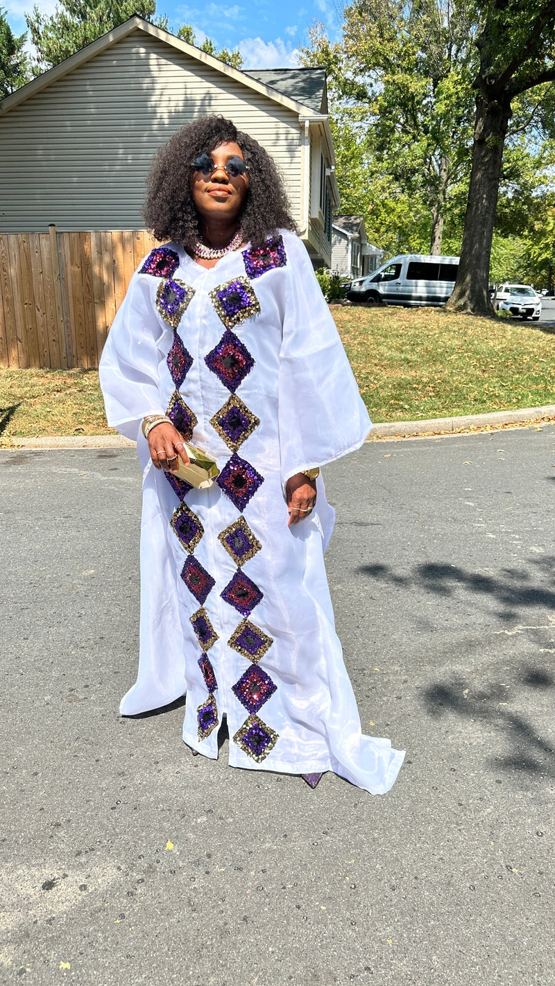White kaftan Boubou long dress with cut out sequin.