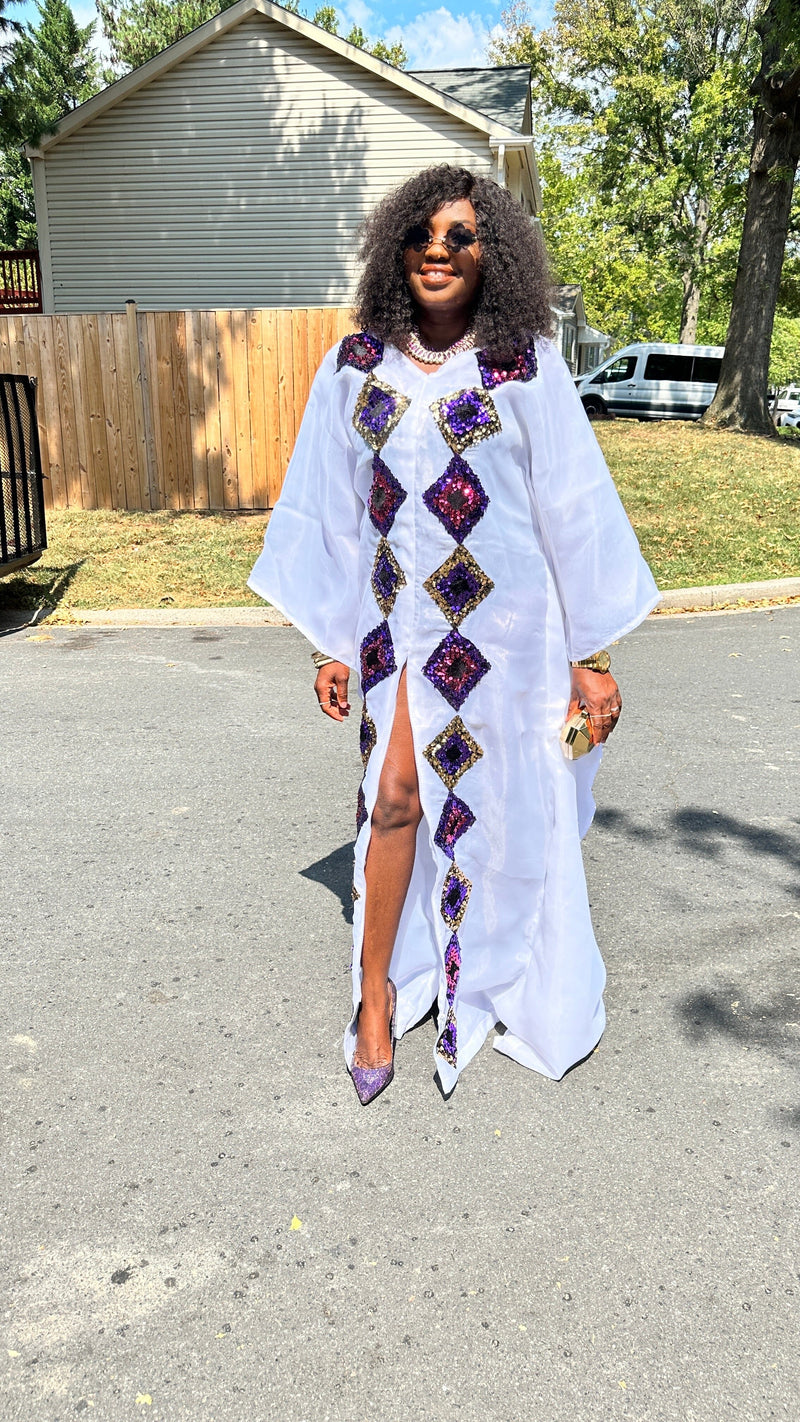 White kaftan Boubou long dress with cut out sequin.