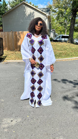 White kaftan Boubou long dress with cut out sequin.