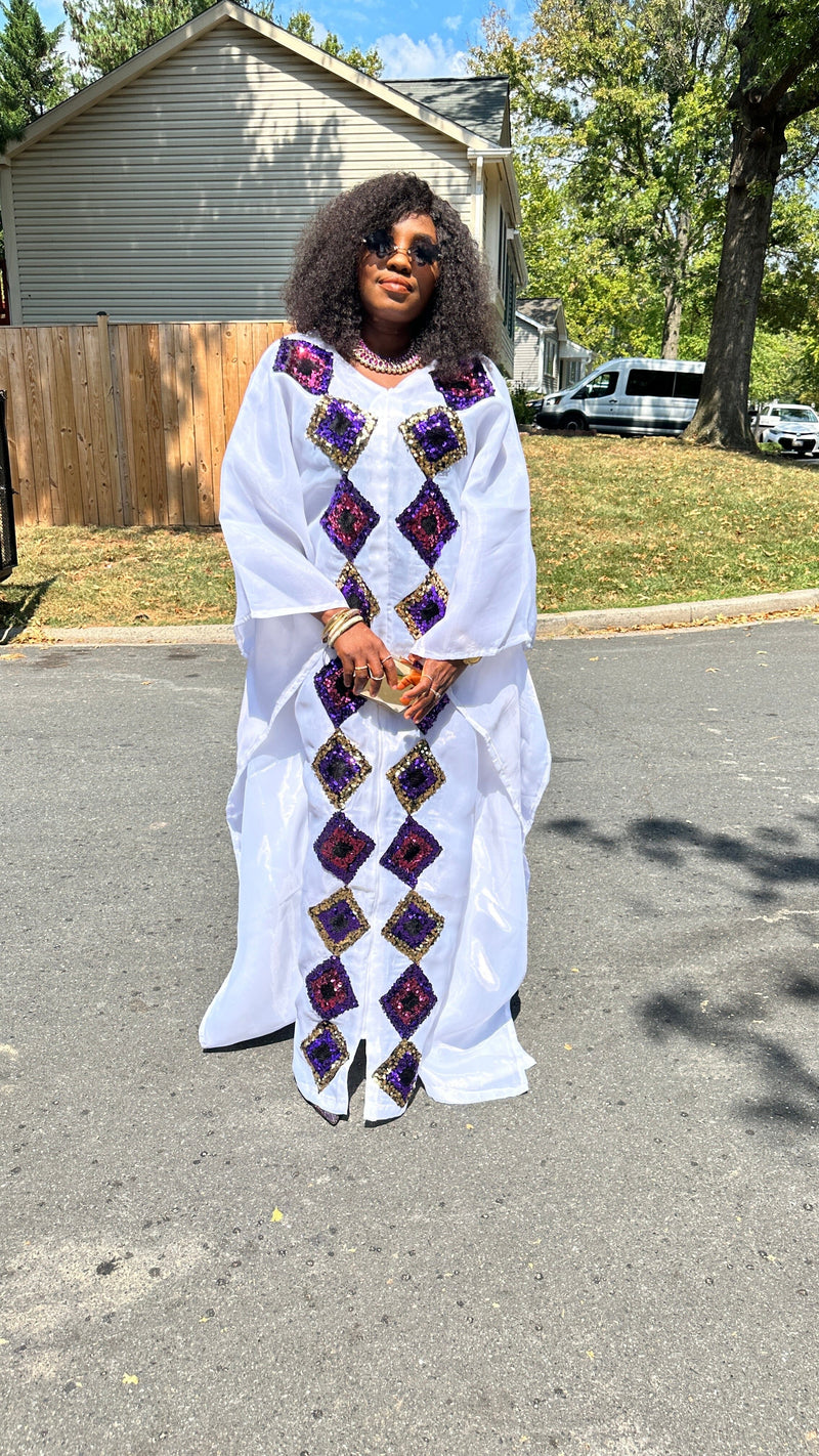 White kaftan Boubou long dress with cut out sequin.