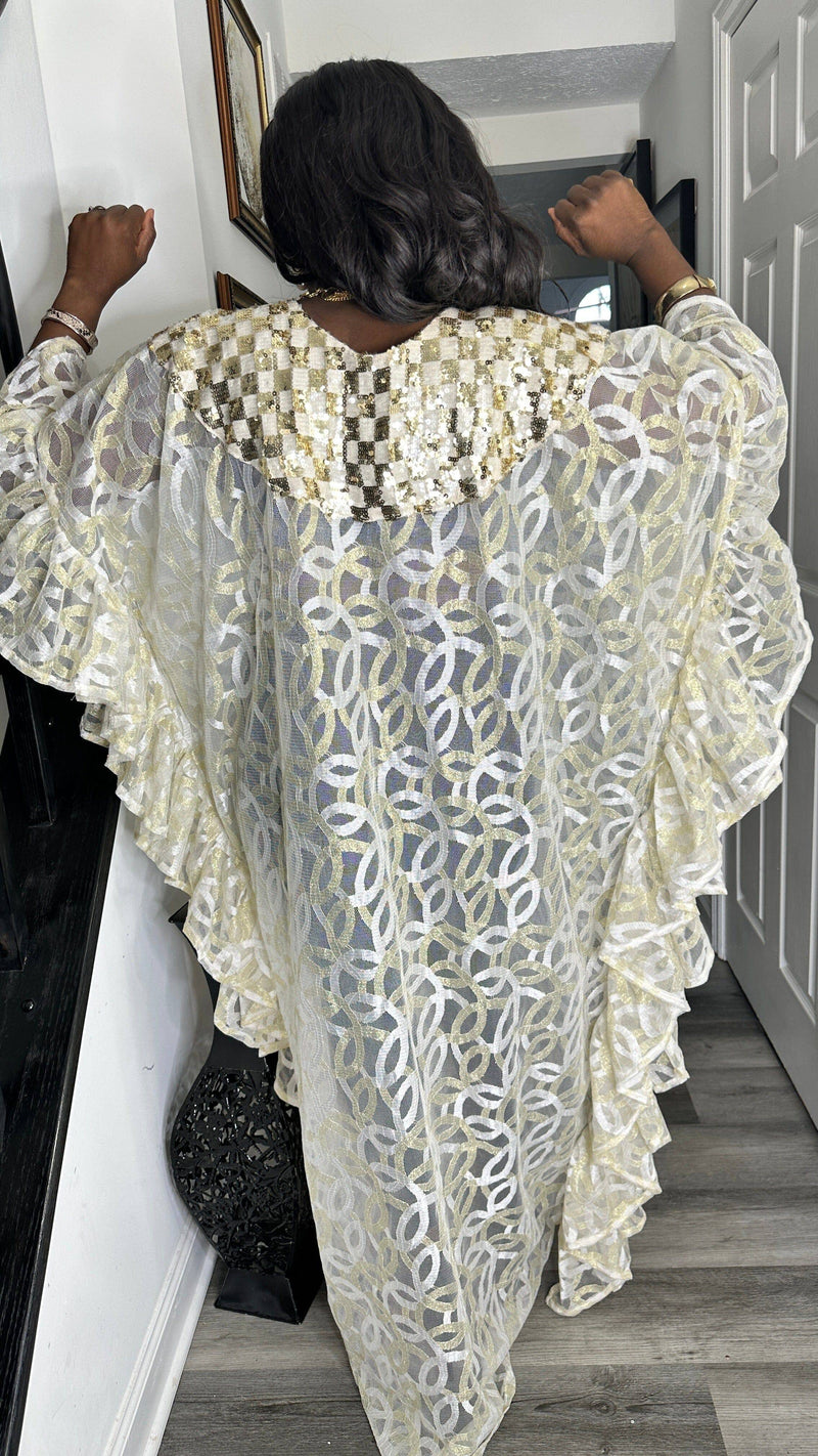 Yoga White and Gold Frill Boubou
